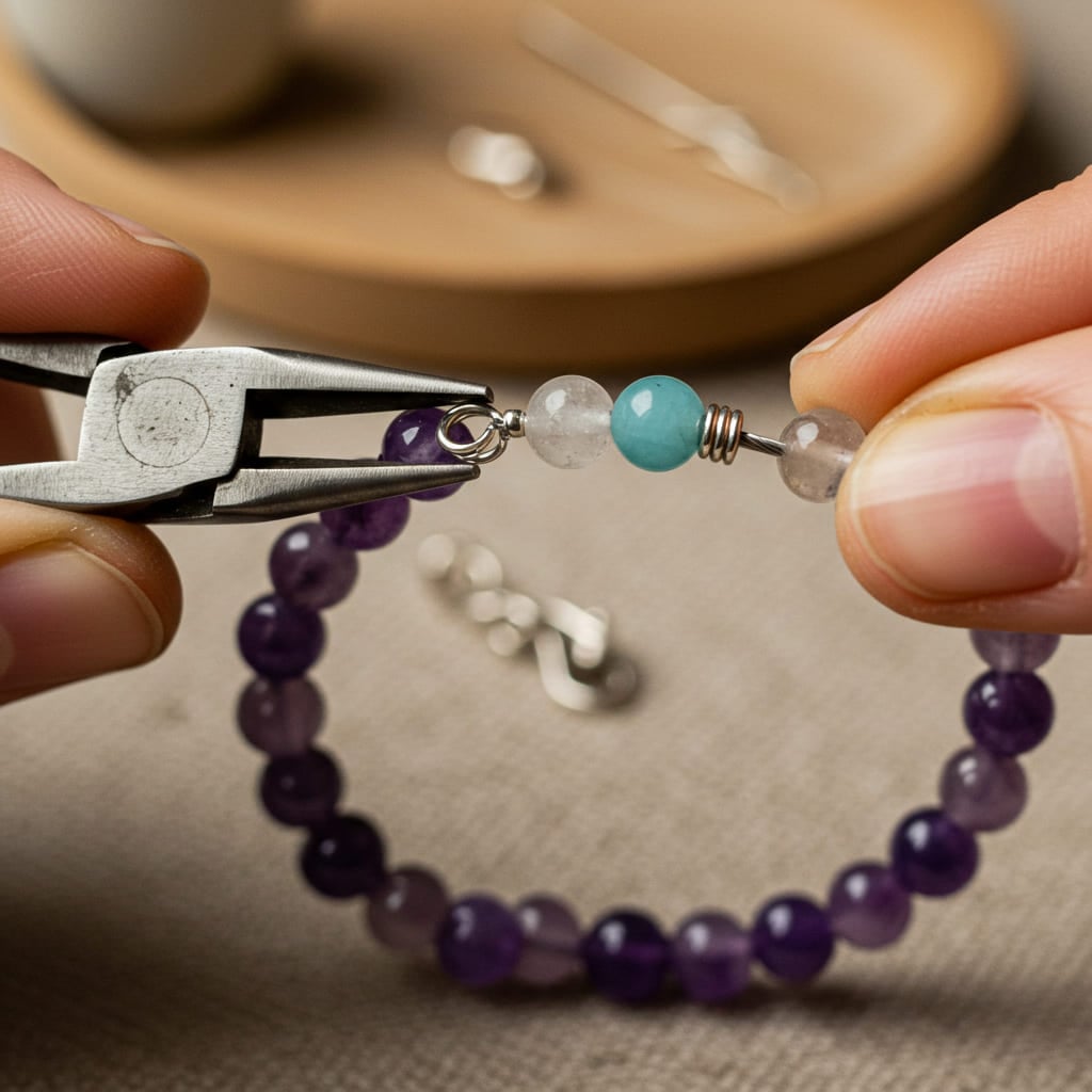 Close-up de mãos usando alicate para trabalhar com pedras coloridas e cristais